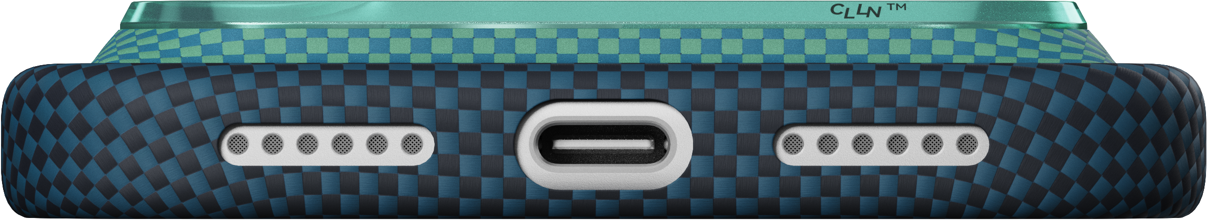Okostelefon alja kék-fekete sakktábla mintával, USB-C porttal és két hangszóróráccsal.