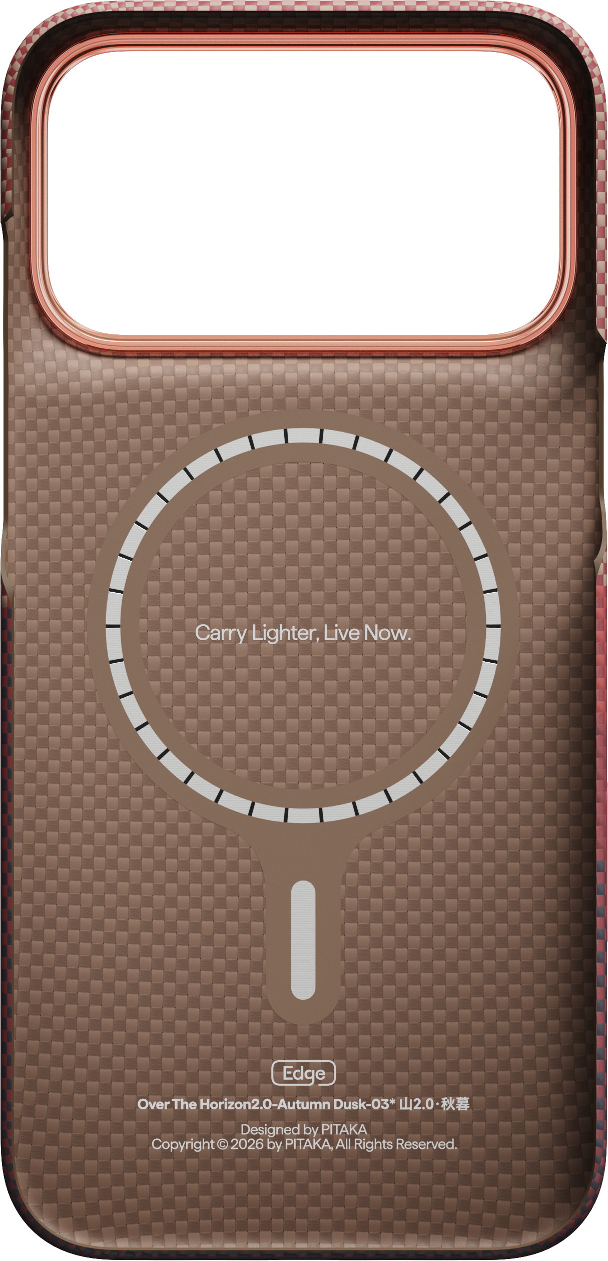 Barna telefontok MagSafe gyűrűvel, "Carry Lighter, Live Now." felirattal és PITAKA márkanévvel.