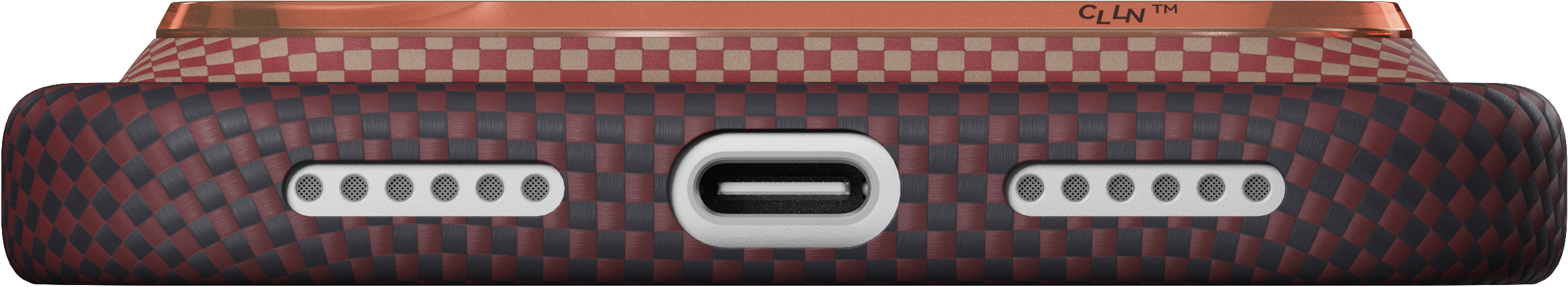 Piros-fekete kockás telefontok alja USB-C porttal és két hangszóróráccsal.