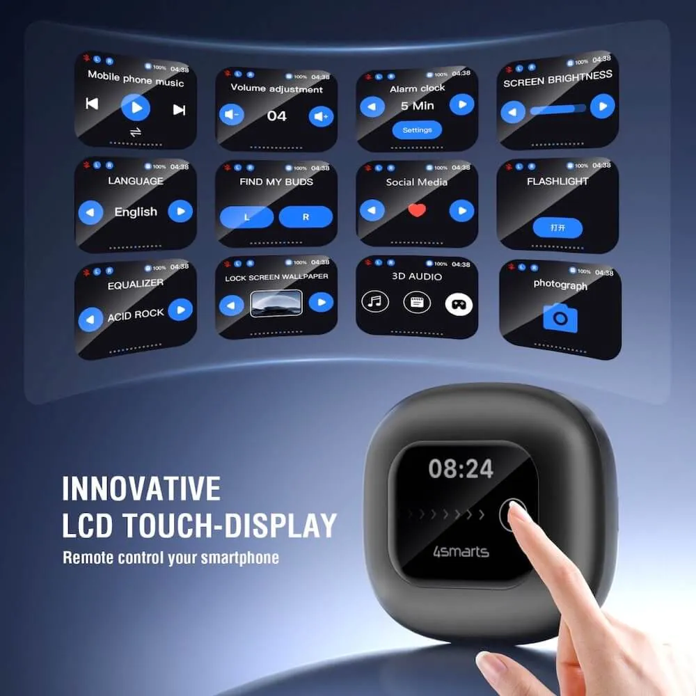 Ein Handgelenkgerät mit LCD-Touchscreen und Menüoptionen auf einem blauen Hintergrund.