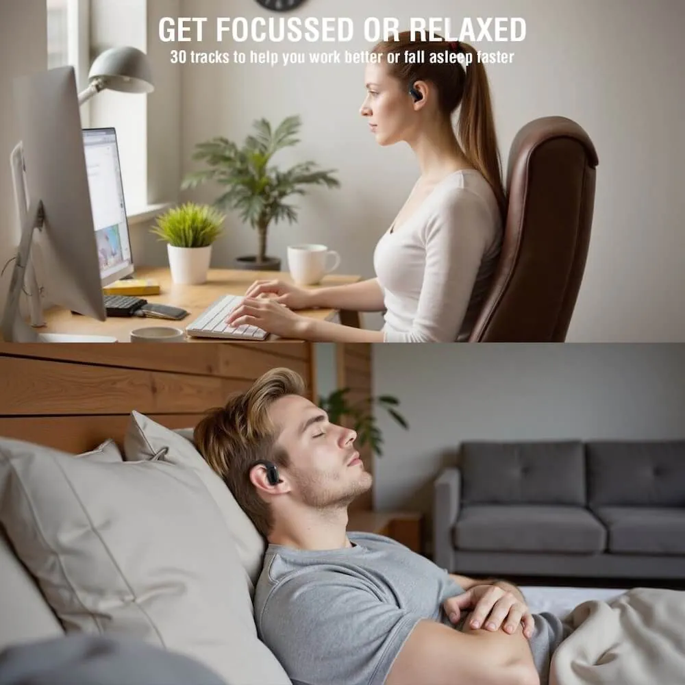 Eine Frau arbeitet am Computer und ein Mann schläft im Bett, beide mit Ohrhörern.