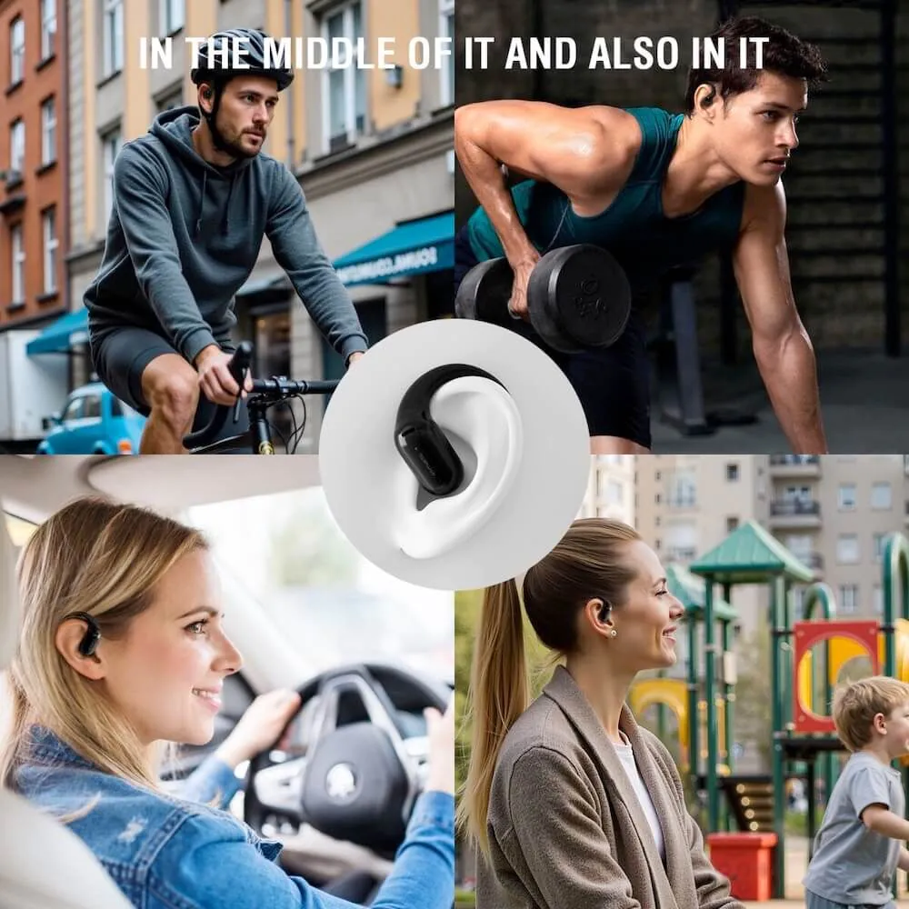 Eine Collage zeigt Menschen mit Open-Ear-Kopfhörern beim Radfahren, Sport, Autofahren und auf einem Spielplatz.