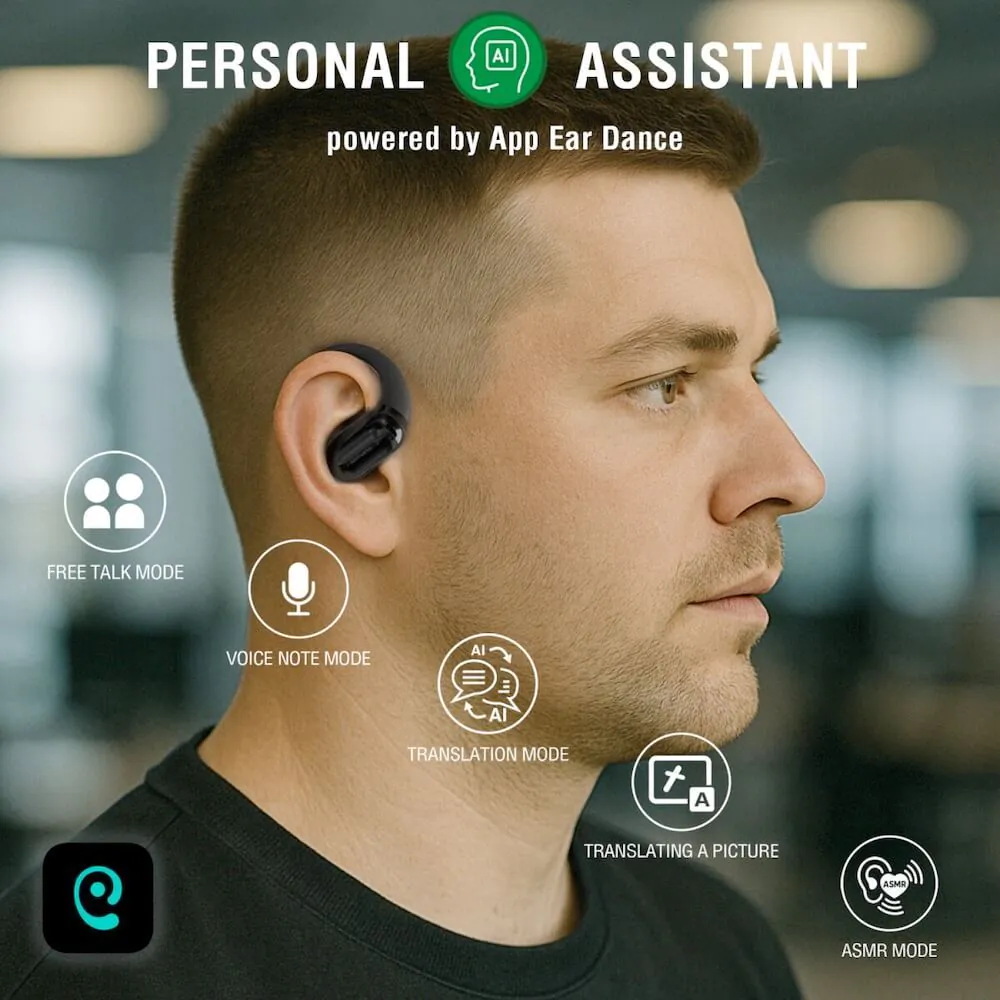 Ein Mann mit schwarzem In-Ear-Kopfhörer und Symbolen für Übersetzungs-, Sprach- und Gesprächsmodi.