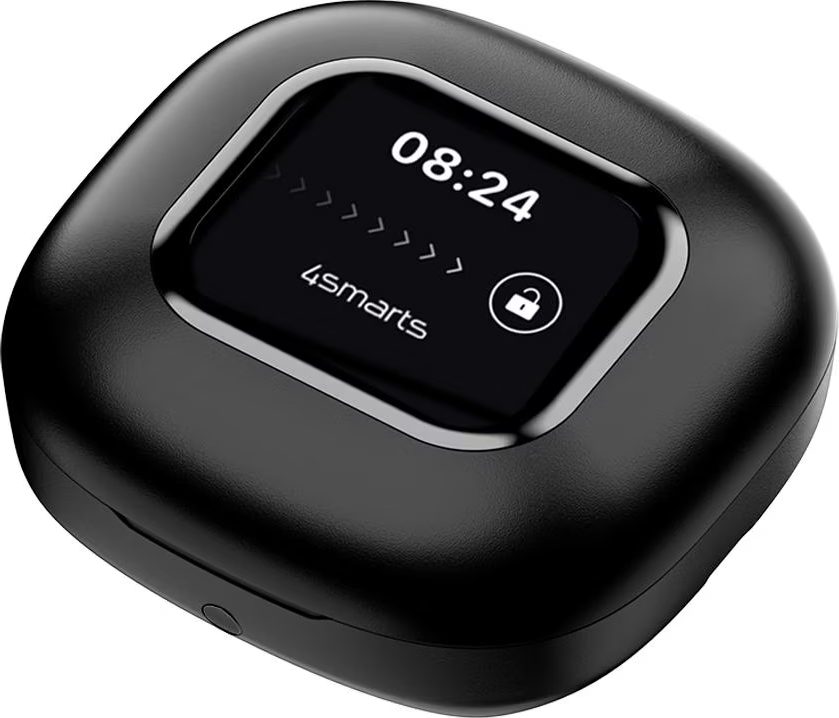 Schwarzes 4smarts Smartwatch-Case mit digitalem Display, das die Uhrzeit 08:24 und ein Schlosssymbol anzeigt.