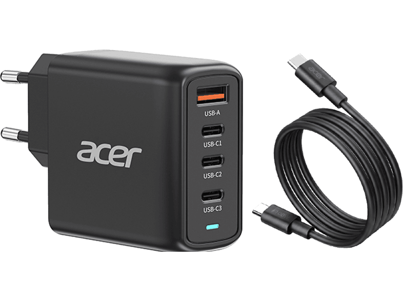 Cargador para portátil - Acer Gan Charger 100W, 3x USB-C, 1x USB-A: 20W+67W+18W, Carga rápida, Negro