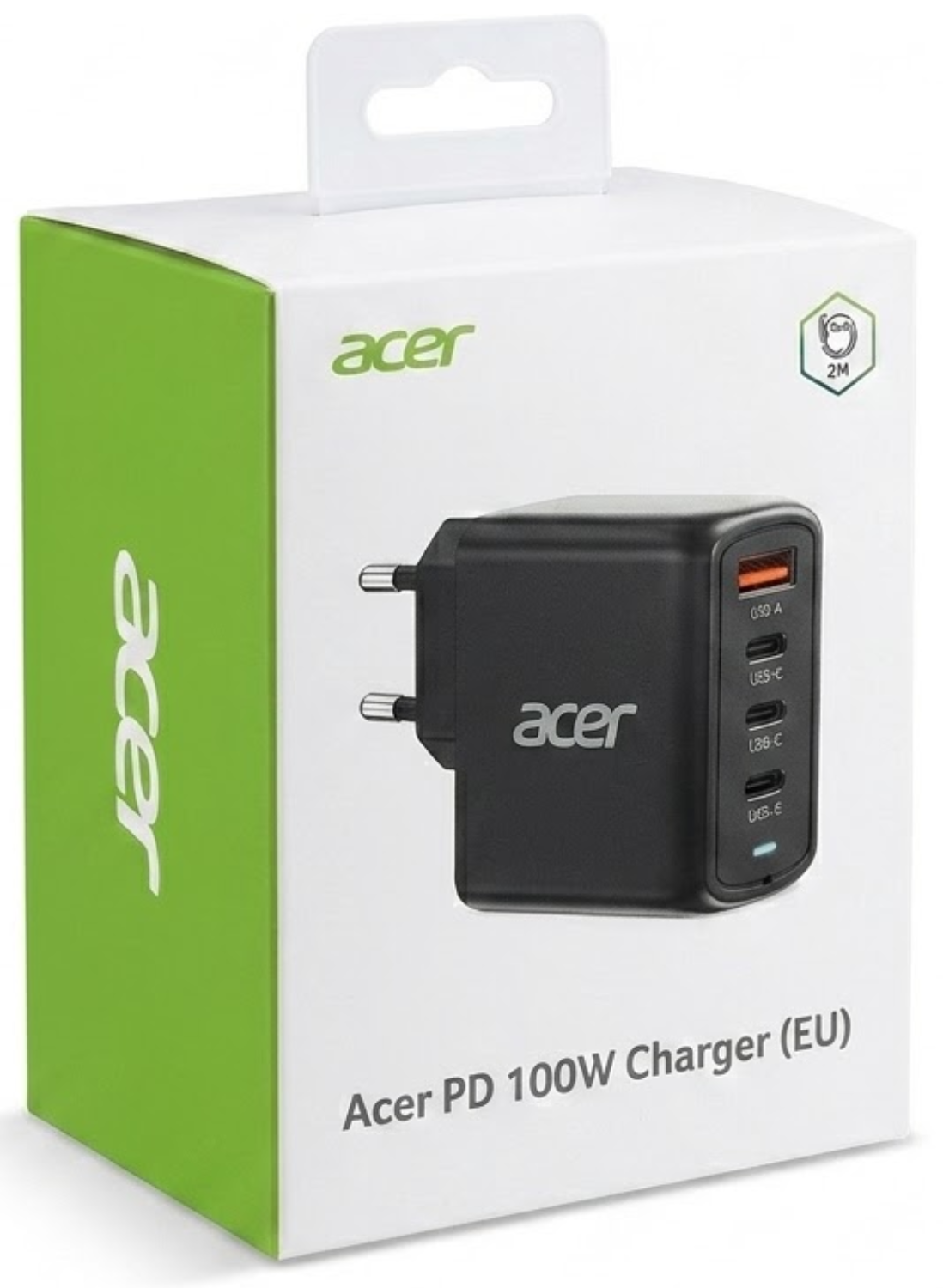 Cargador USB multipuerto Acer PD 100W dentro de un empaque blanco y verde.