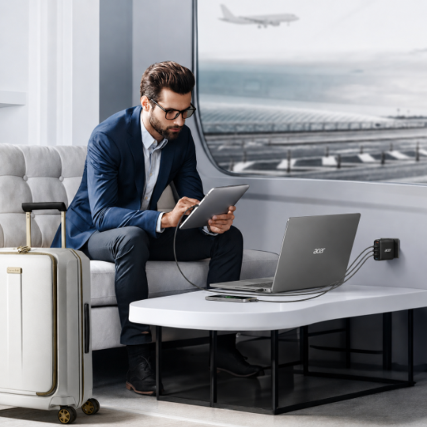 Un hombre con traje está sentado en un tren, usa una tableta y carga dispositivos desde una laptop.