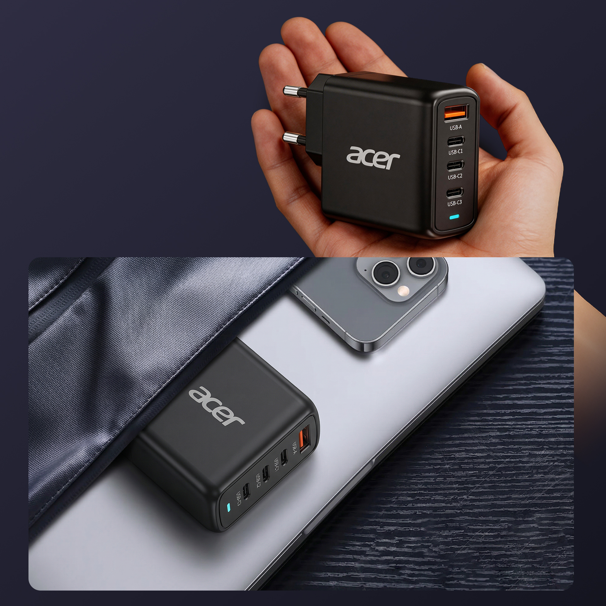 Una mano sostiene un cargador Acer negro con cuatro puertos USB; abajo, se encuentra junto a una laptop y un teléfono.