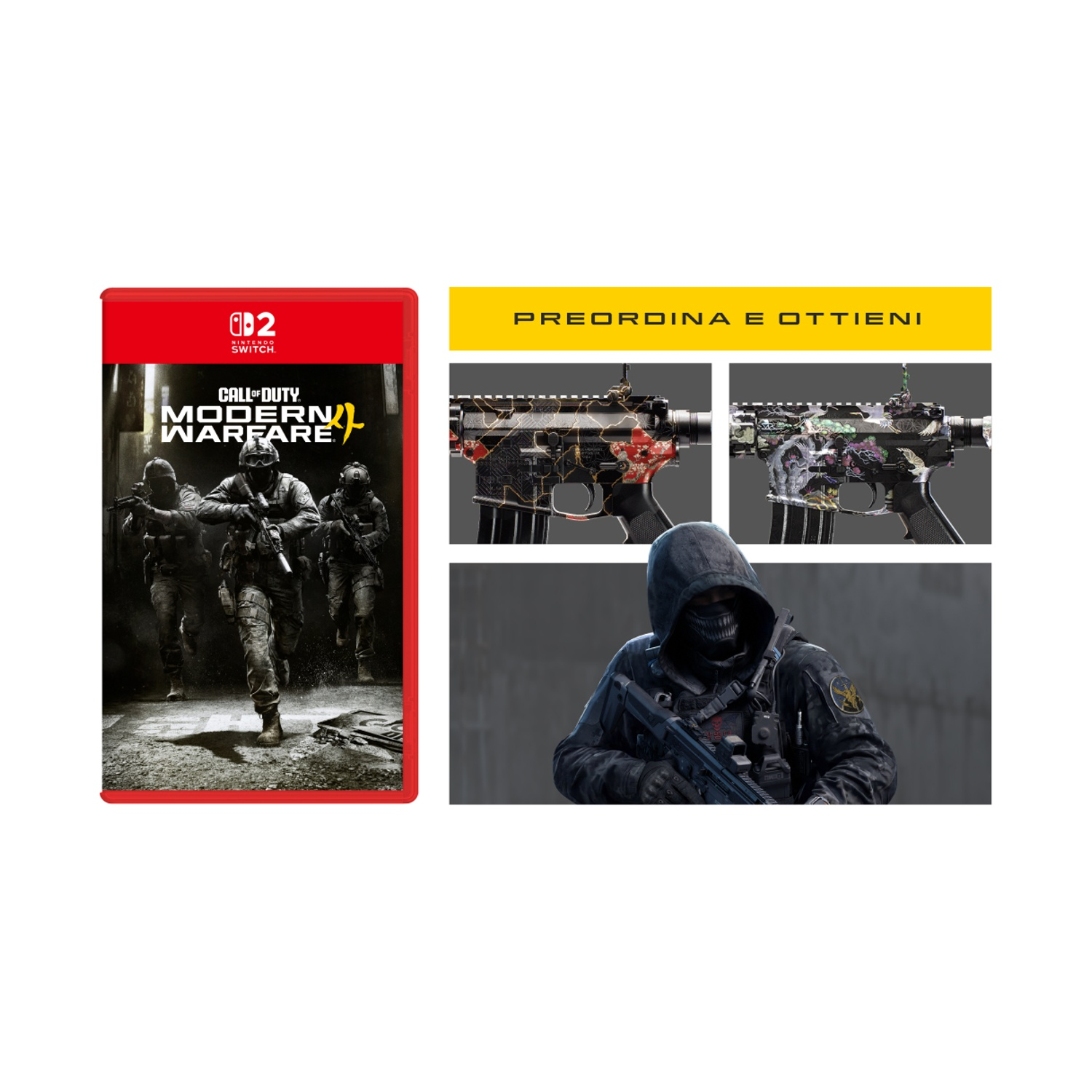 Call of Duty Modern Warfare per Nintendo Switch 2 con custodia, skin per armi e soldato incappucciato.