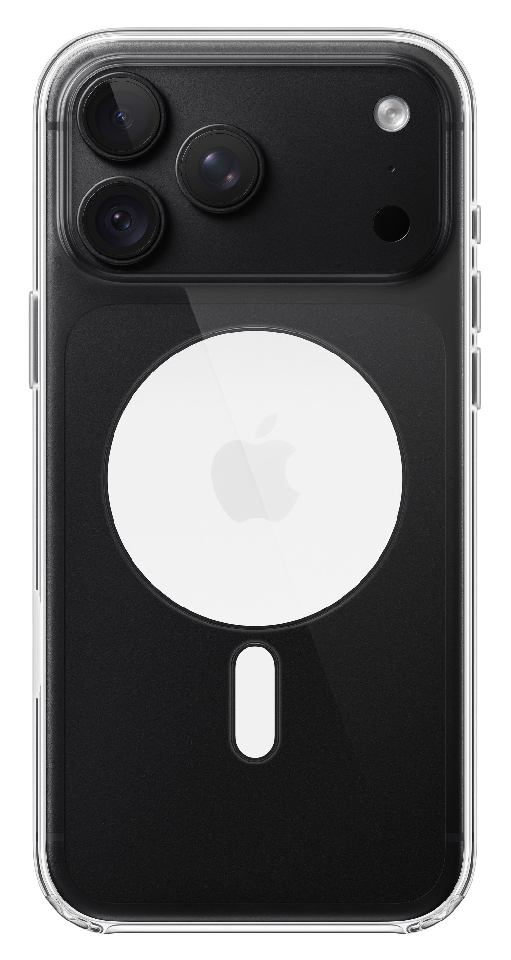 Tył czarnego iPhone'a z etui MagSafe, trzema aparatami i logo Apple.