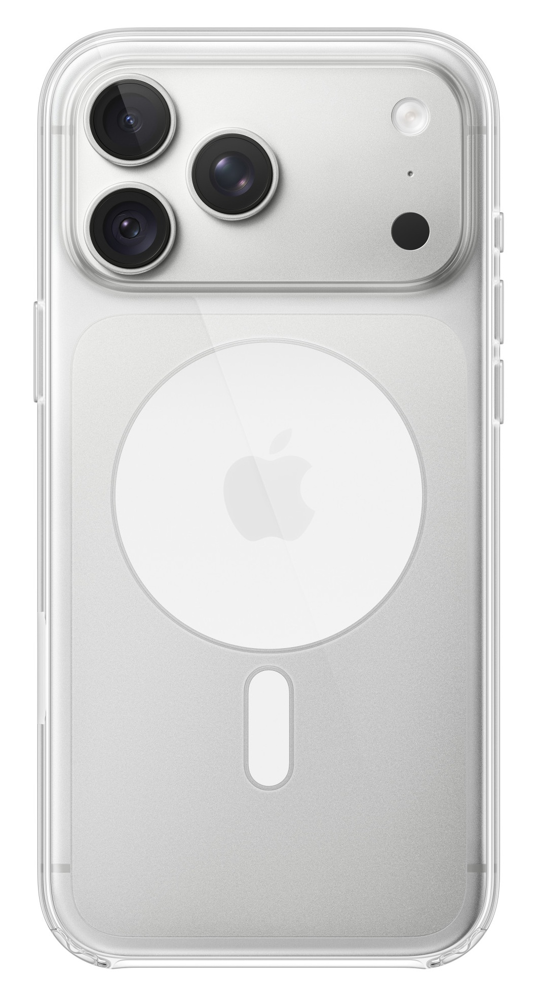 Tył srebrnego smartfona w przezroczystym etui z trzema obiektywami i logo Apple.