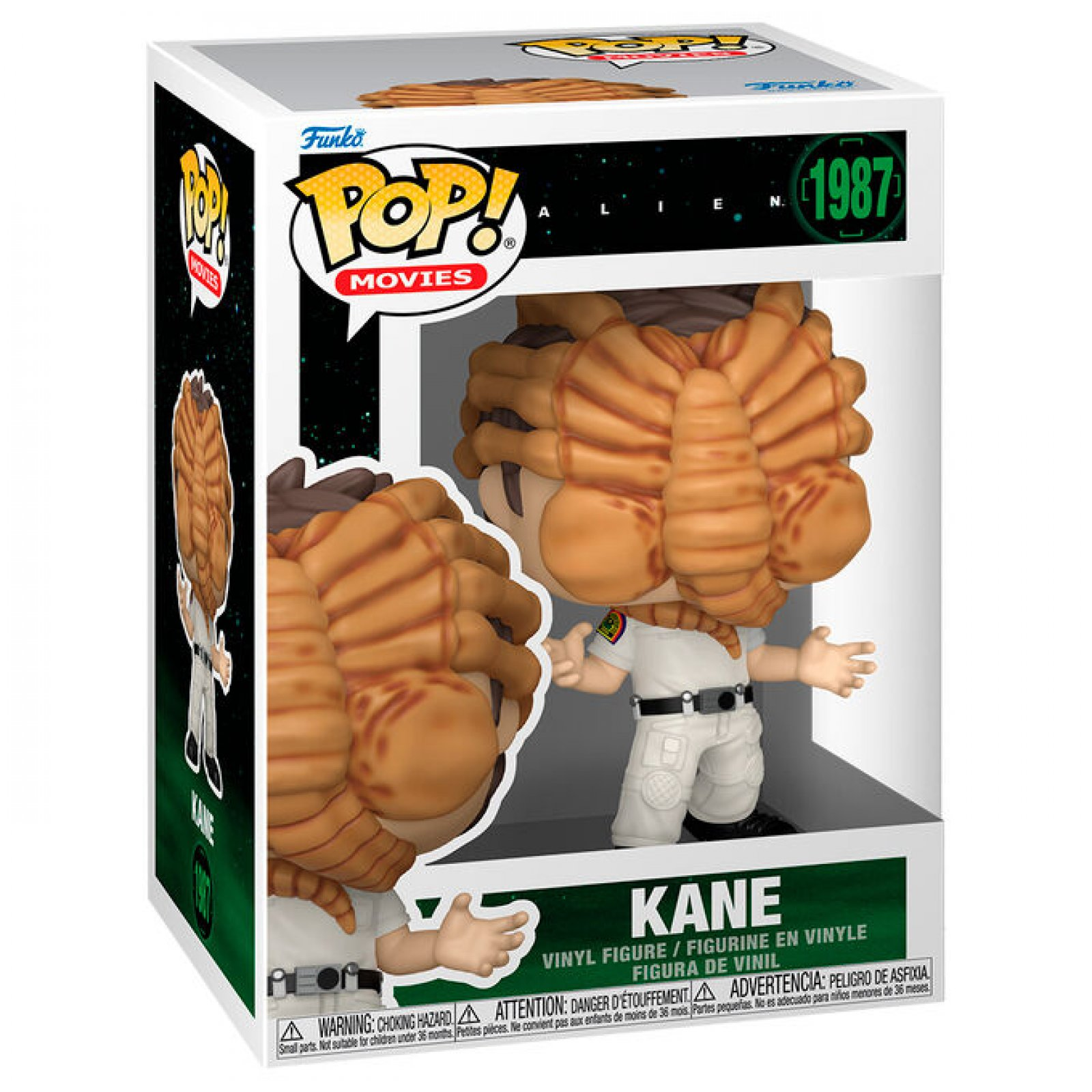 Figura de vinilo Funko Pop de Kane de Alien con un abrazacaras en la cara, en caja.
