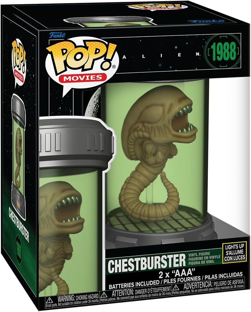 Figura de vinilo Funko Pop Movies Chestburster de Alien dentro de una caja contenedora iluminada.