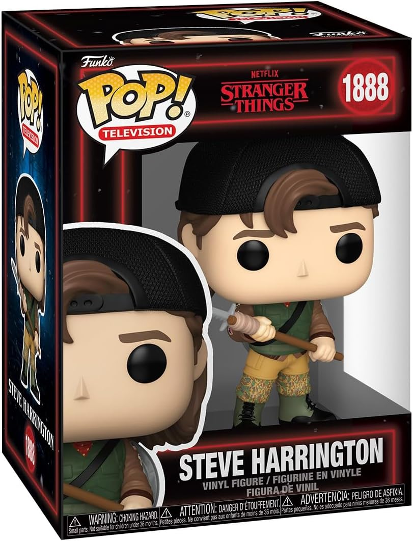 Figura Funko Pop de Steve Harrington de Stranger Things con gorra y bate con clavos en su caja.