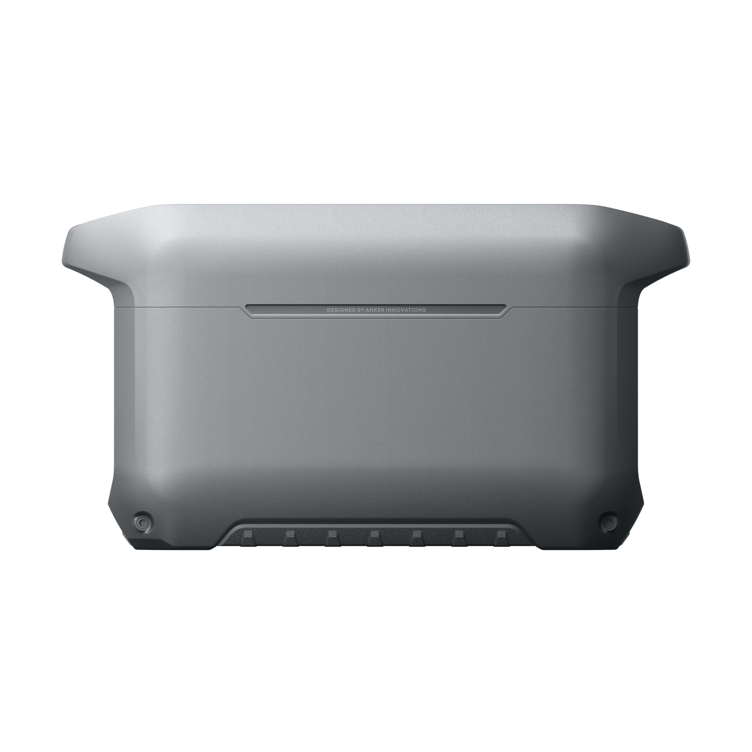 Una caja gris y resistente de Anker Innovations sobre fondo negro.