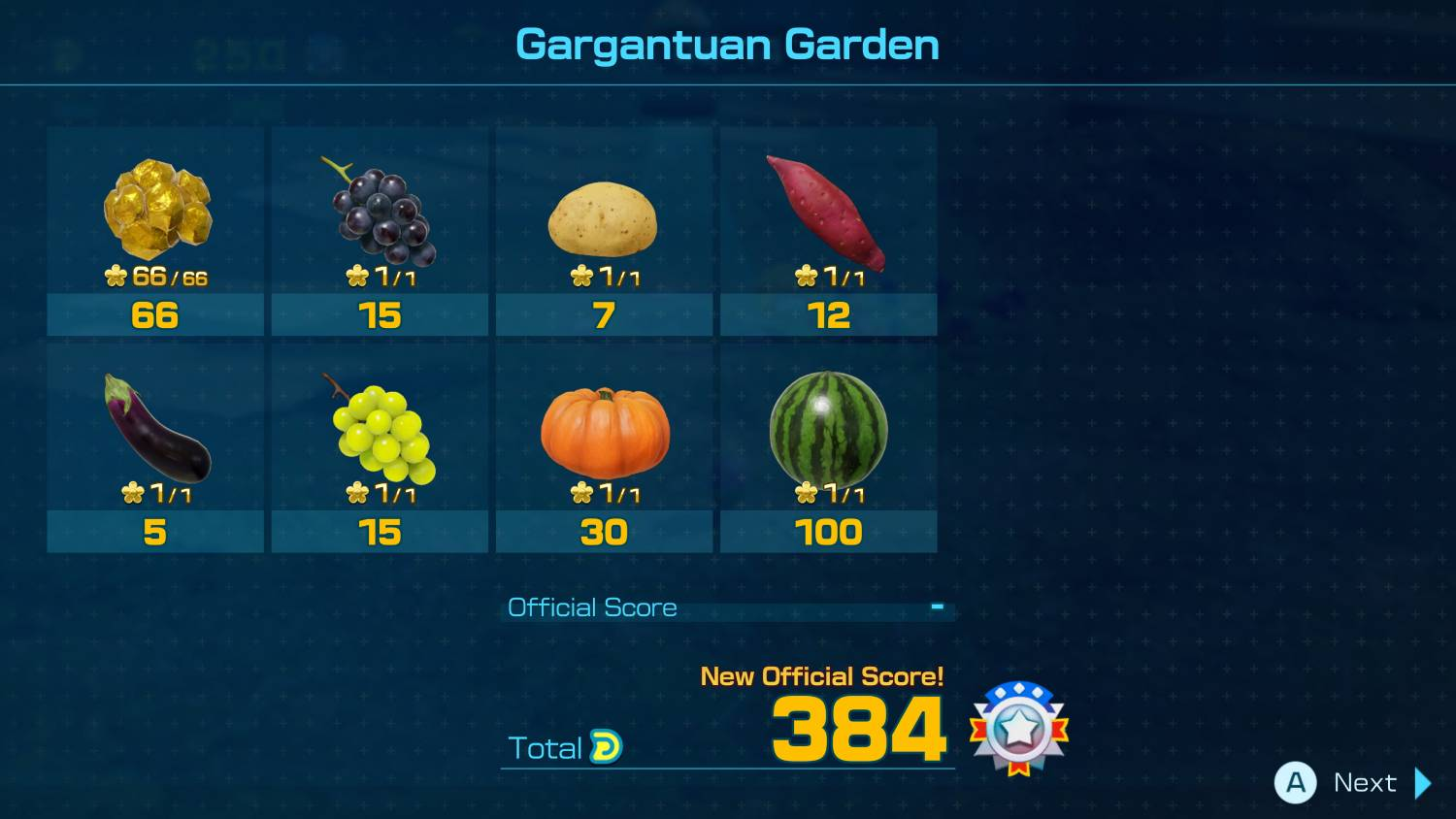 Menú de juego con frutas y verduras coleccionables, puntuaciones y un total de 384 puntos.