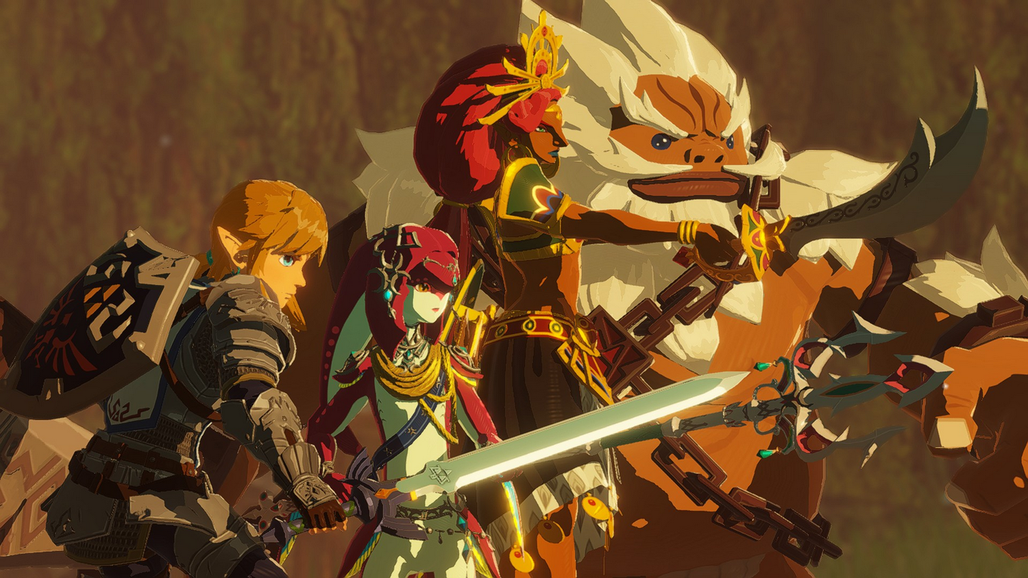 Cuatro personajes de fantasía listos: Link, Urbosa, Mipha y Daruk con armas.