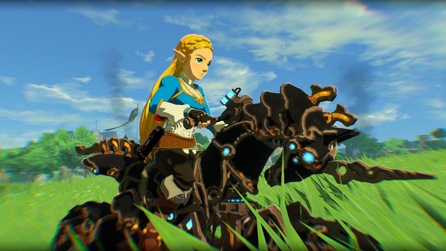 La princesa Zelda monta en una motocicleta mecánica por hierba verde bajo un cielo azul.