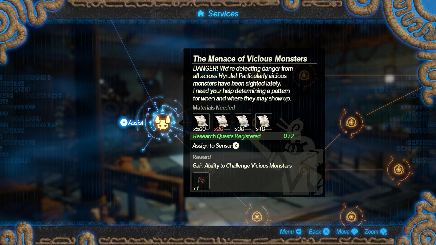 Un menú de videojuego que muestra una misión con los materiales necesarios y recompensas.