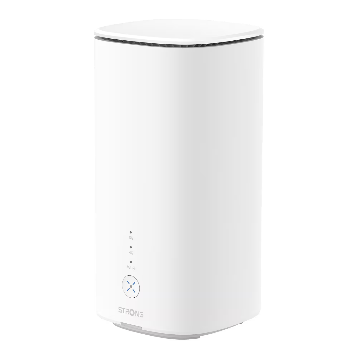 Un router 5G y Wi-Fi cilíndrico blanco con indicadores de estado y el logotipo de Strong al frente.