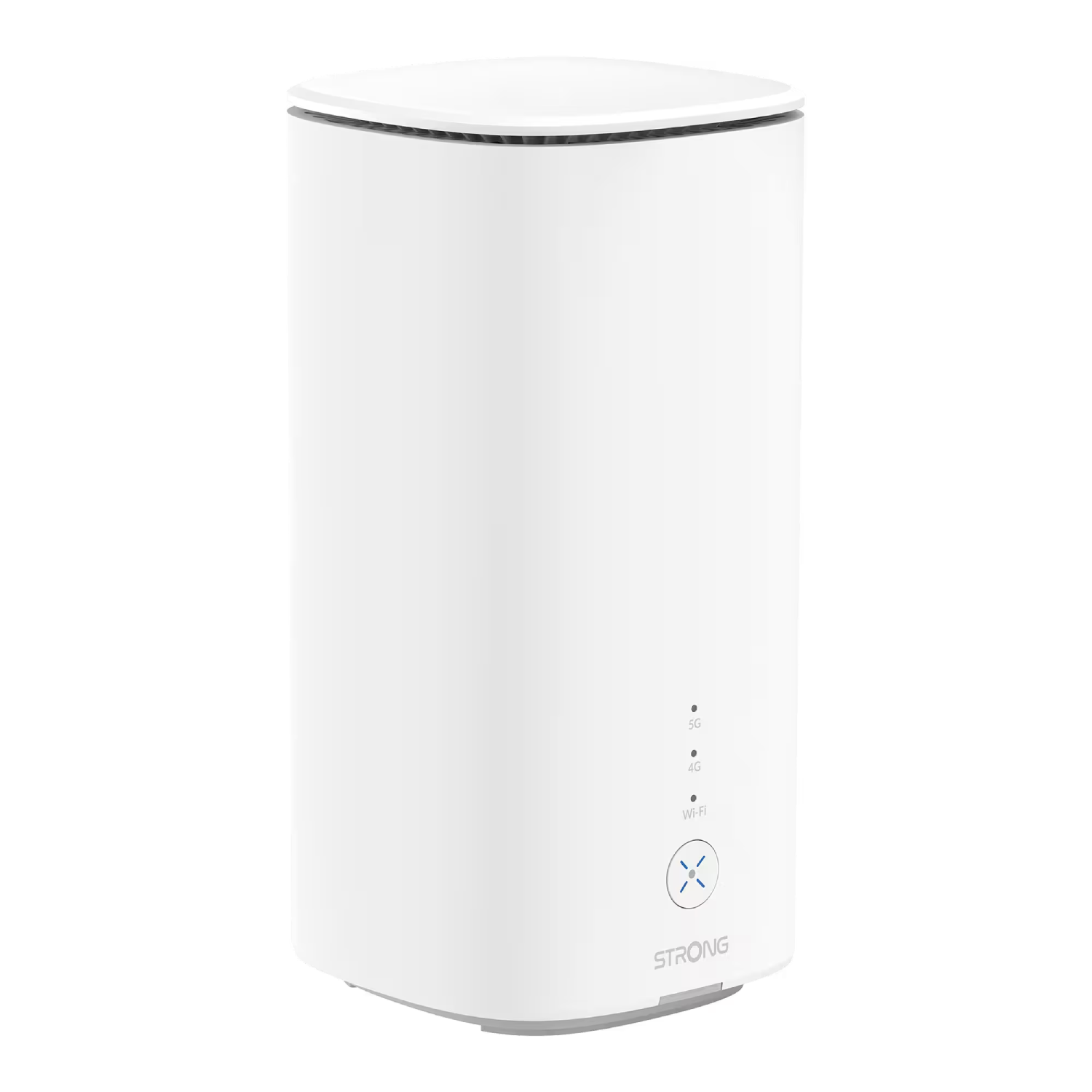 Un router Wi-Fi Strong 5G cilíndrico blanco con luces de estado y logotipo sobre fondo negro.