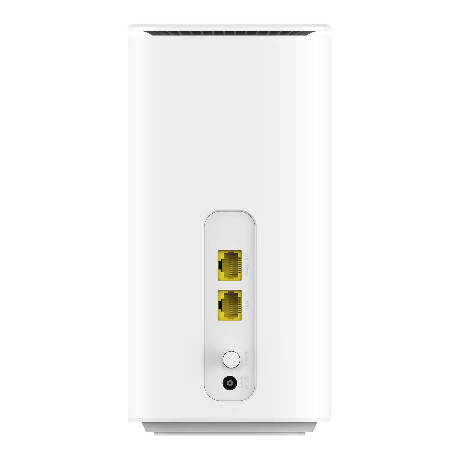 Un enrutador Wi-Fi blanco con dos puertos Ethernet amarillos, un botón de encendido y un conector de alimentación.