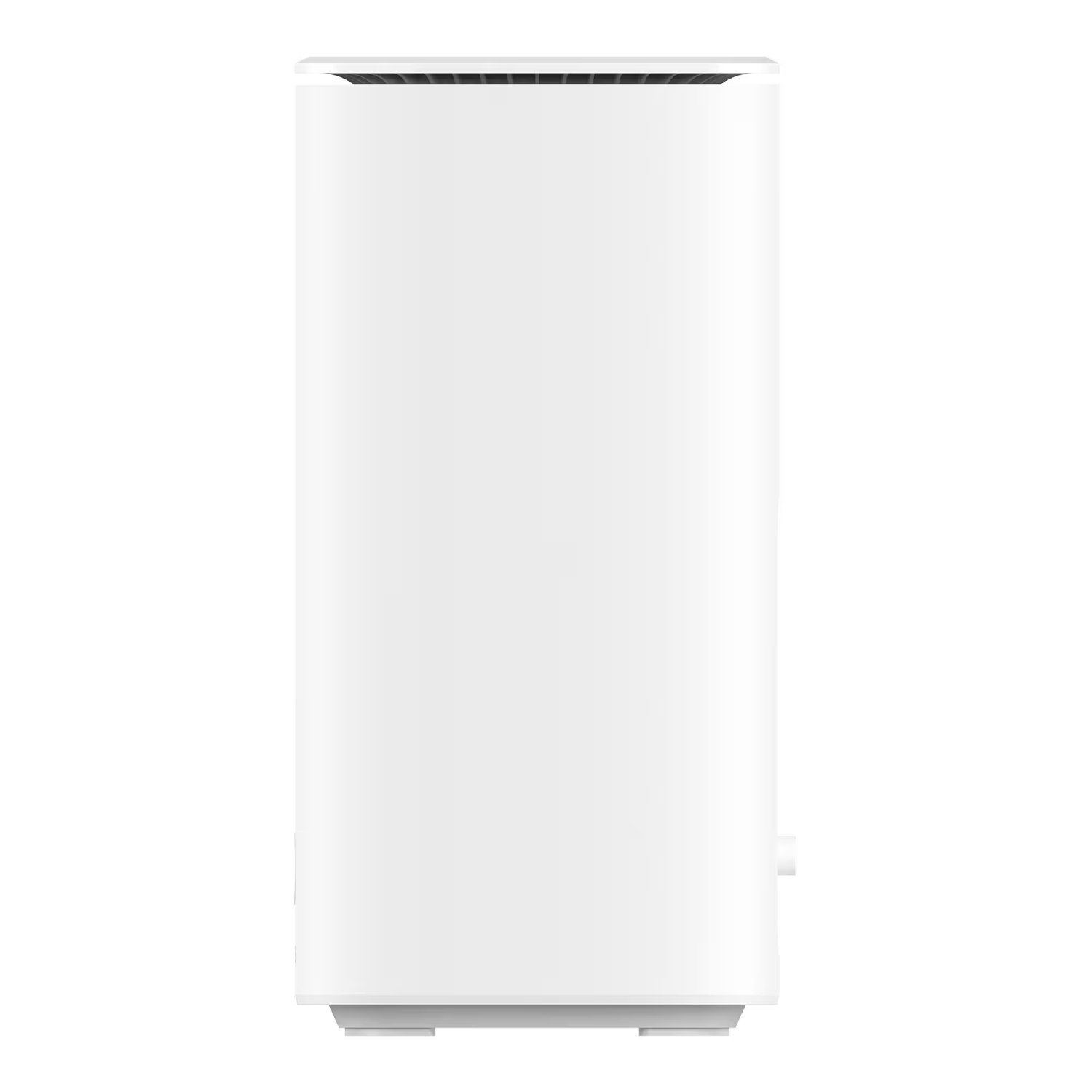 Un purificador de aire vertical blanco con un diseño minimalista sobre un fondo negro.