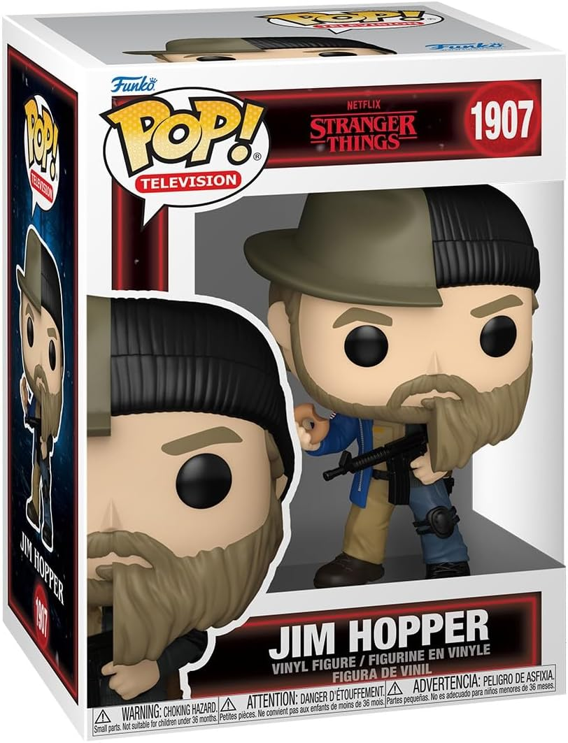 Figura Funko Pop de Jim Hopper de Stranger Things en caja cerrada con sombrero y gorro divididos.