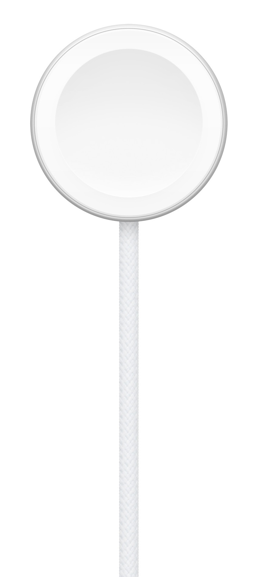 Biała, okrągła ładowarka MagSafe firmy Apple z białym plecionym kablem na neutralnym tle.