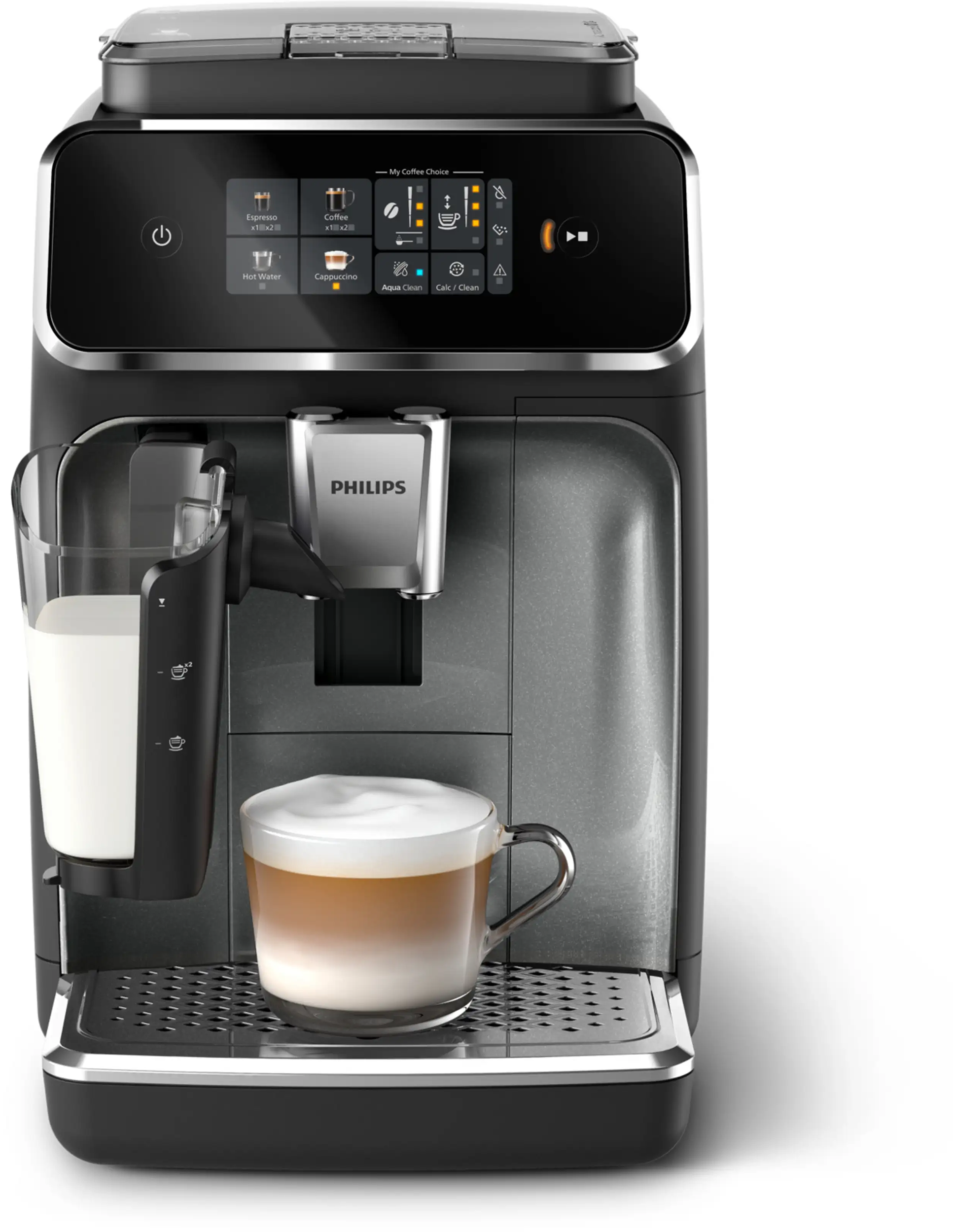 Fekete Philips kávéfőző kijelzővel, tejtartállyal és egy csésze cappuccinóval a csepptálcán.