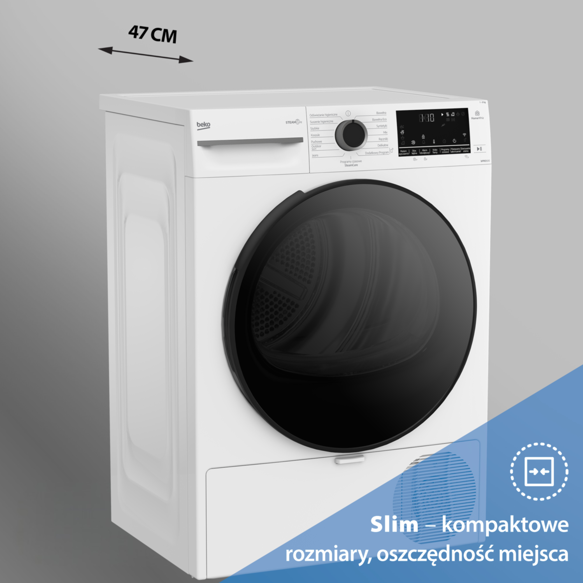Biała suszarka Beko z czarnymi drzwiami, głębokość 47 cm, kompaktowa.