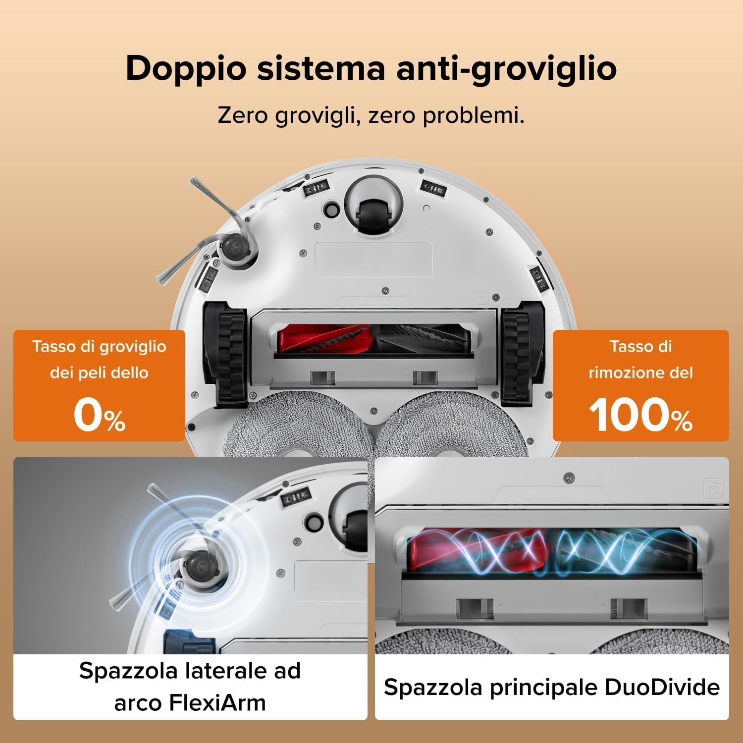 Vista dal basso di un robot aspirapolvere con spazzola DuoDivide e spazzola laterale FlexiArm.