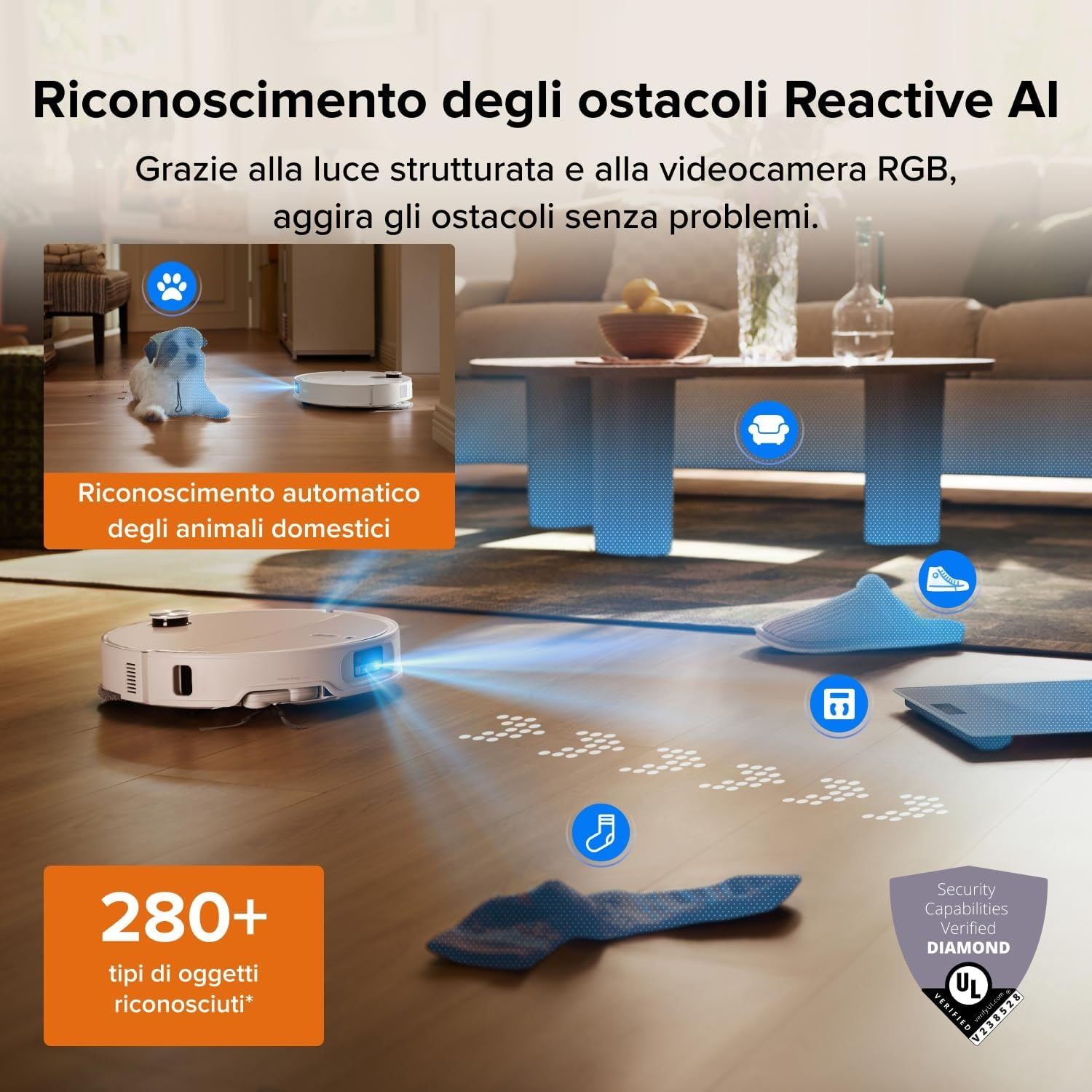 Robot aspirapolvere usa l'IA per rilevare ed evitare ostacoli come animali.
