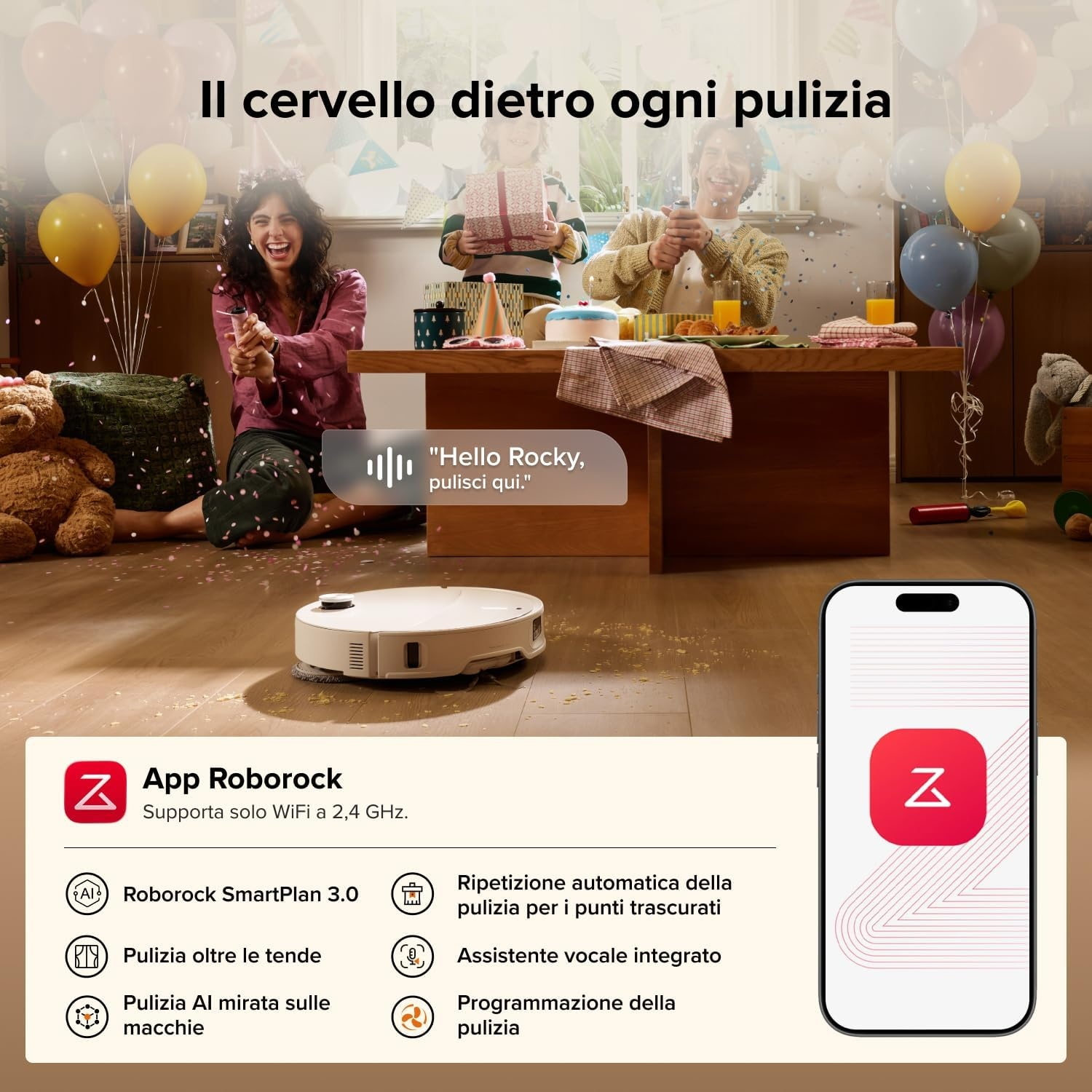 Robot aspirapolvere sul pavimento davanti a una famiglia a una festa, controllato tramite app.