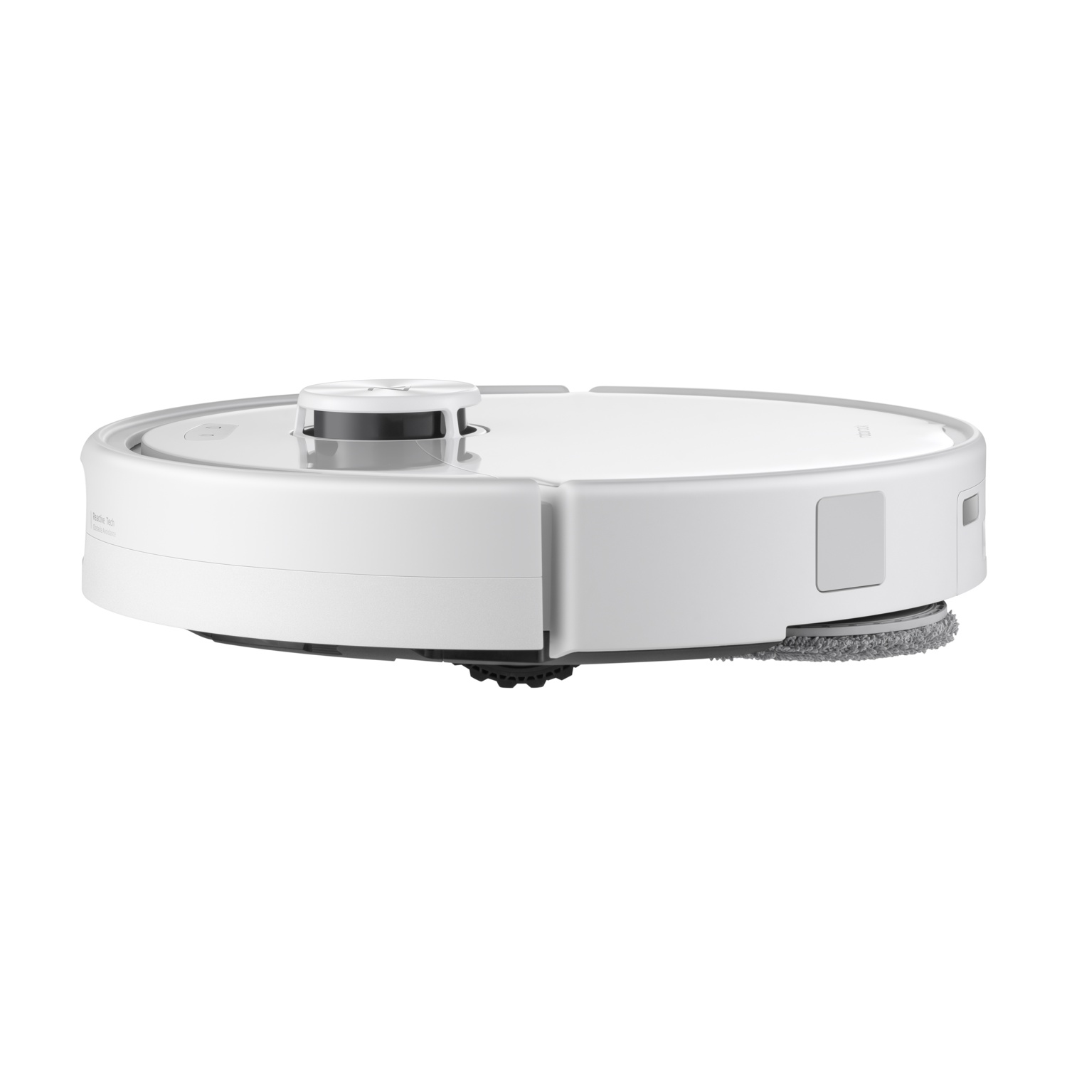 Un robot aspirapolvere e lavapavimenti bianco di forma rotonda con sensore LiDAR su sfondo bianco.