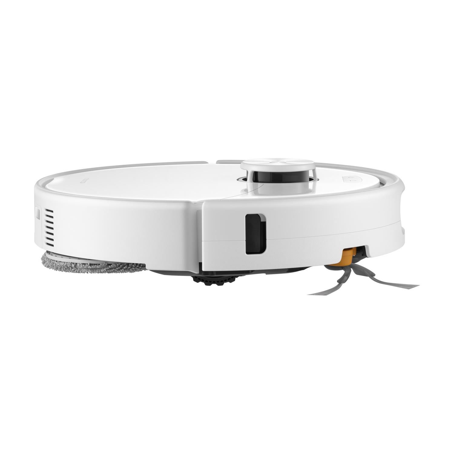Un robot aspirapolvere bianco con sensore lidar, spazzola laterale e panno grigio su sfondo bianco.