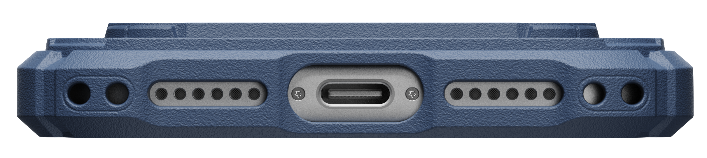 Egy kék védőtok alja USB-C porttal, hangszórókkal és nyílásokkal fekete háttér előtt.