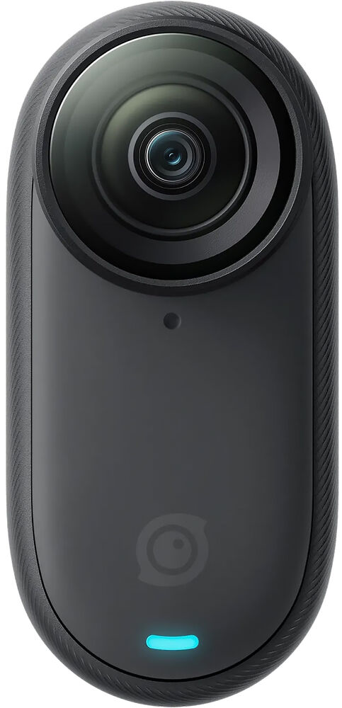 Fekete 360 fokos kamera lencsével, mikrofonnyílással, logóval és kék LED fénnyel.