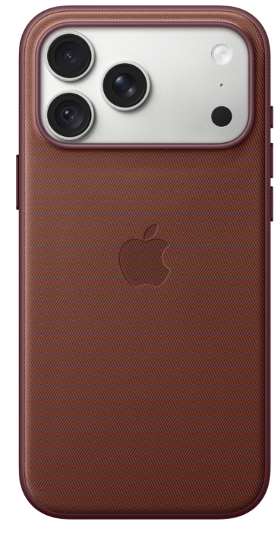 Tył smartfona w brązowym etui z logo Apple i potrójnym aparatem.