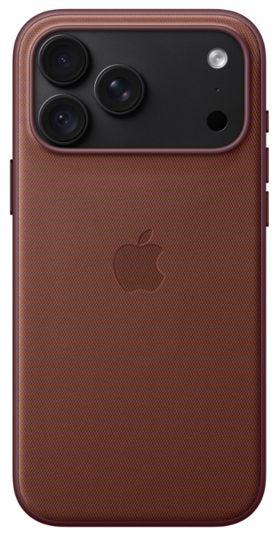 Tył brązowego etui na telefon z logo Apple, potrójnym aparatem i lampą błyskową.