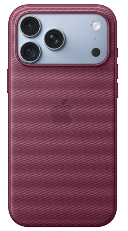 Tył czerwonego smartfona z logo Apple i potrójnym aparatem na jasnoniebieskiej płytce modułu.