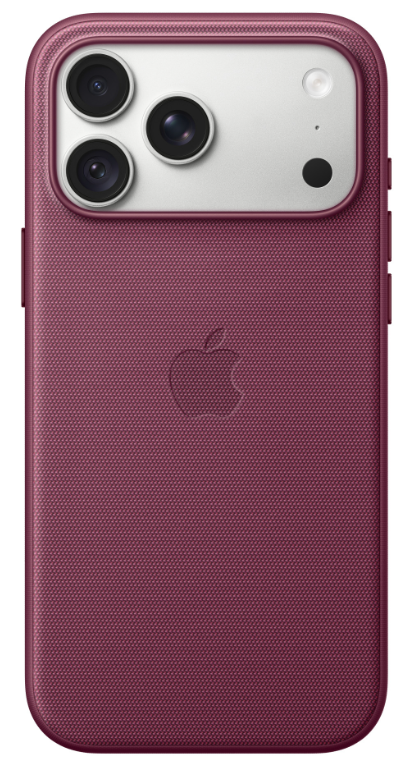 Tył czerwonego smartfona w teksturowanym etui z logo Apple i trzema aparatami w srebrnym module.