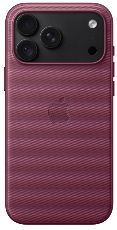 Tył czerwonego smartfona z teksturowanym etui, logo Apple i potrójnym aparatem.