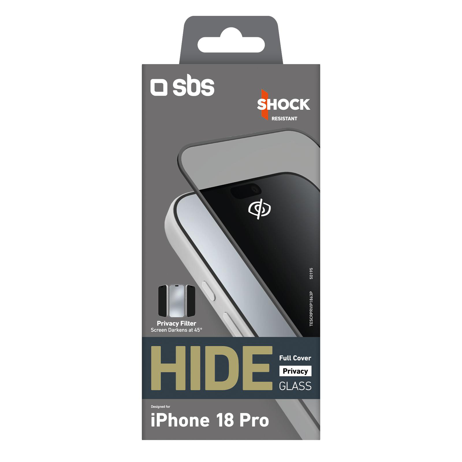 Produktverpackung für SBS Privacy Glass, einem stoßfesten Displayschutz für das iPhone 18 Pro.