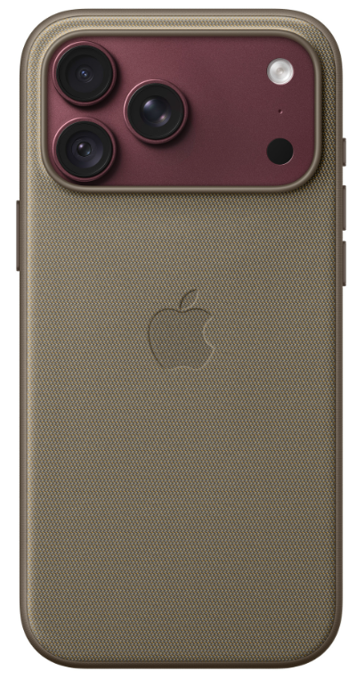Tył beżowego smartfona z czerwonym modułem aparatu, trzema obiektywami i logo Apple.
