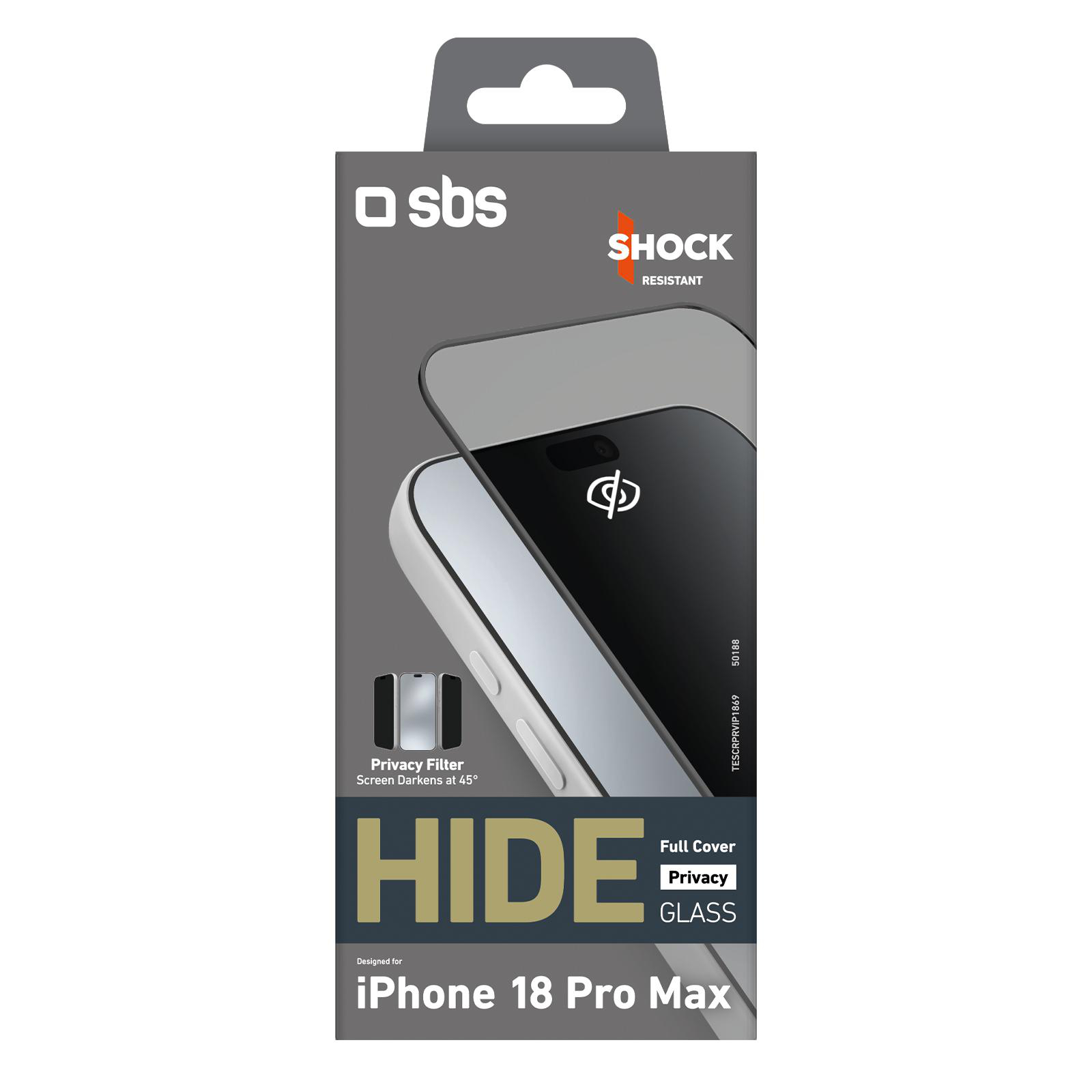 Verpackung von SBS-Datenschutzglas für das iPhone 18 Pro Max mit Stoßfestigkeitssymbol.