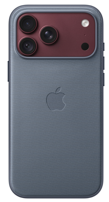 Tył niebieskiego smartfona z czerwonym modułem aparatu, trzema obiektywami i logo Apple.