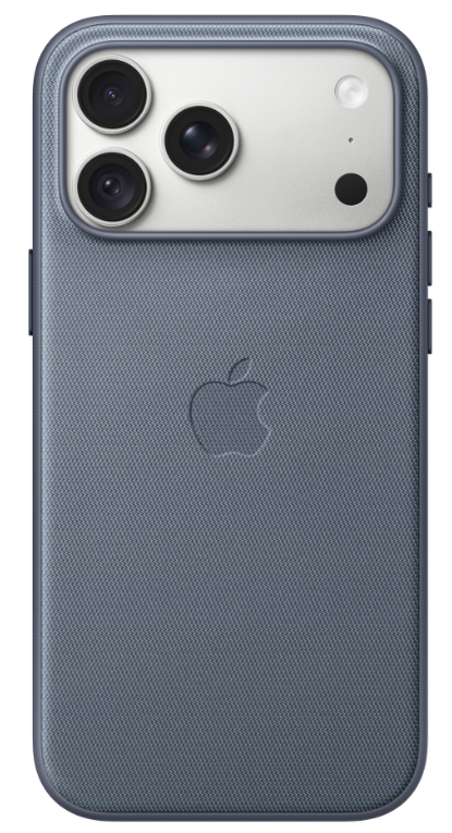 Tył smartfona w niebieskim etui z trzema aparatami u góry i logo Apple.
