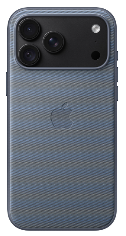 Tył niebieskiego smartfona z potrójnym obiektywem aparatu i logo Apple.