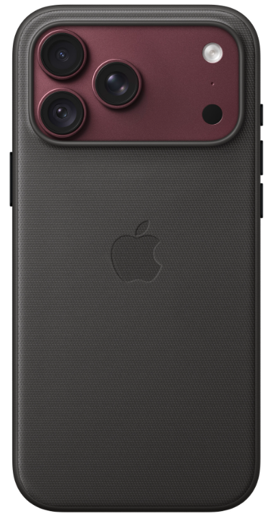 Tył szarego smartfona w fakturowanym etui, z logo Apple po środku i trzema aparatami w czerwonym module.
